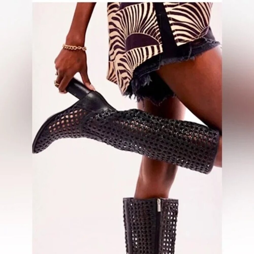 New! FREE PEOPLE Woodstock Woven Black Leather Boots